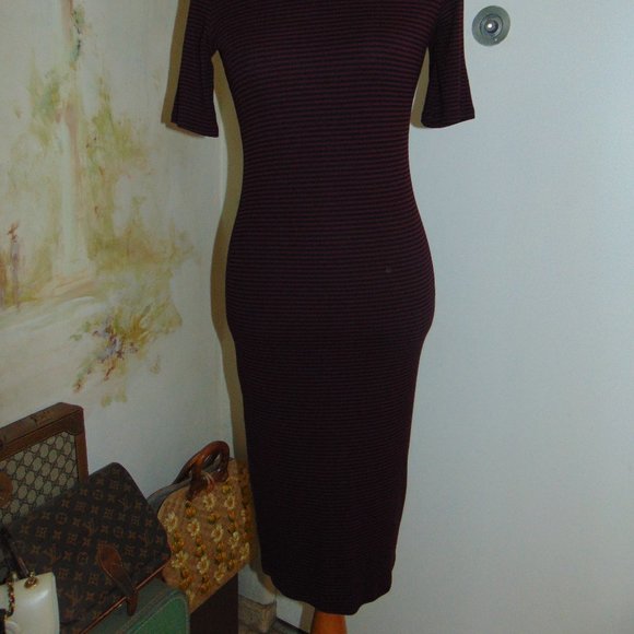 Forever 21 Burgundy Black Striped Knit Sweater Medium Fitted Dress Short Sleeve - Picture 10 of 12